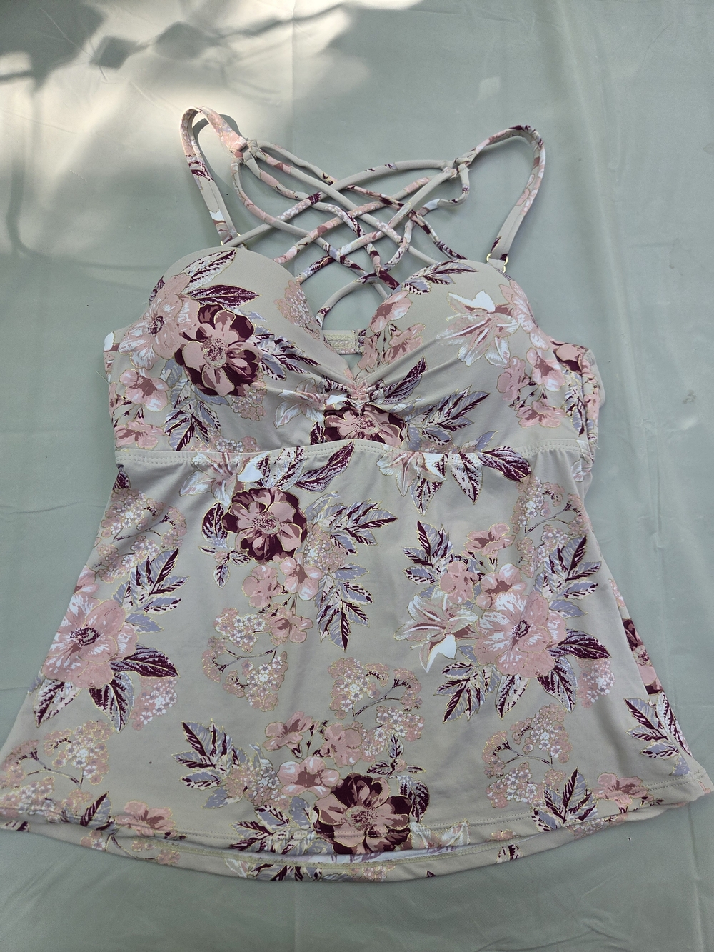 Ambrielle Pink Floral Crisscross Swim Bikini Top